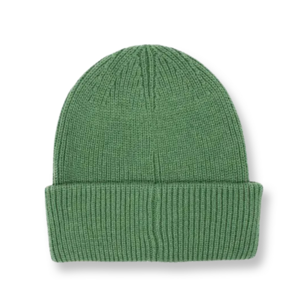 Eco friendly, sustainable recycled green beanie from the back