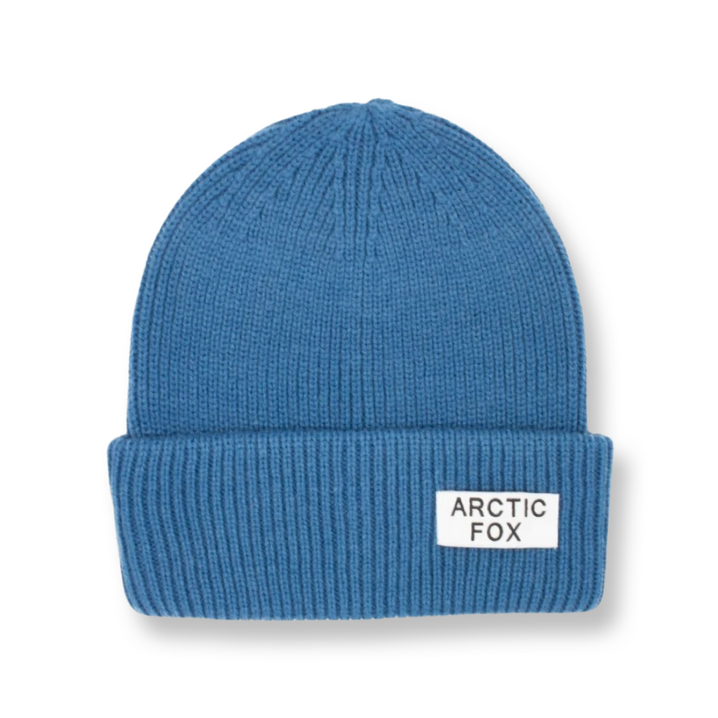 Eco friendly, sustainable recycled blue beanie hat with Arctic Fox branding