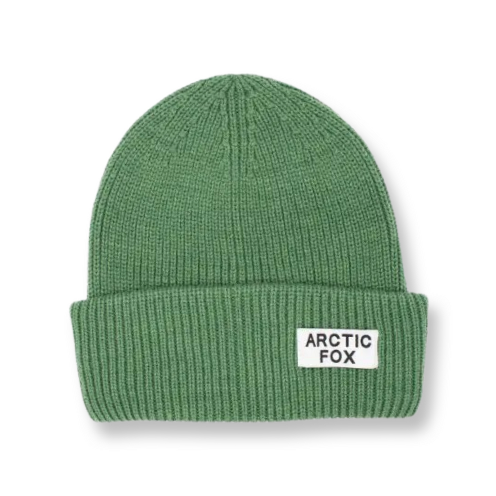 Eco friendly, sustainable recycled green beanie with Arctic Fox branding