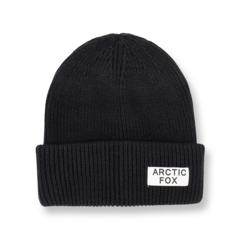 Eco friendly, sustainable recycled black beanie hat with Arctic Fox branding