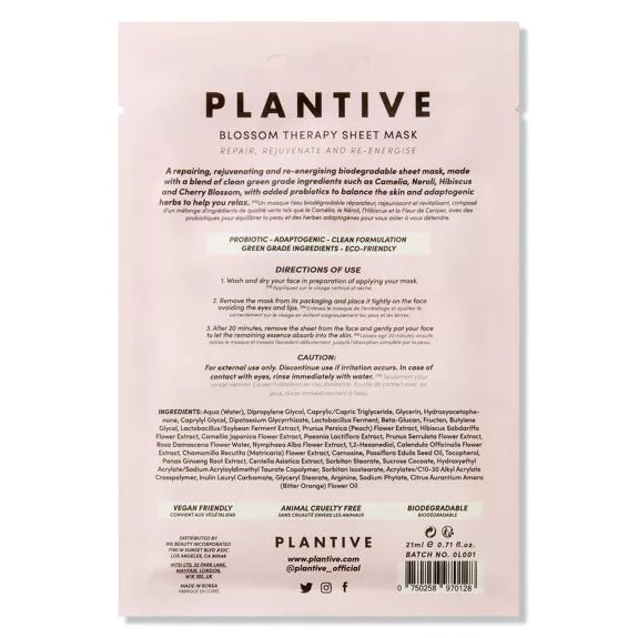 Face Mask - Blossom Plantive Therapy Vegan Sheet - The Rosy Robin Company