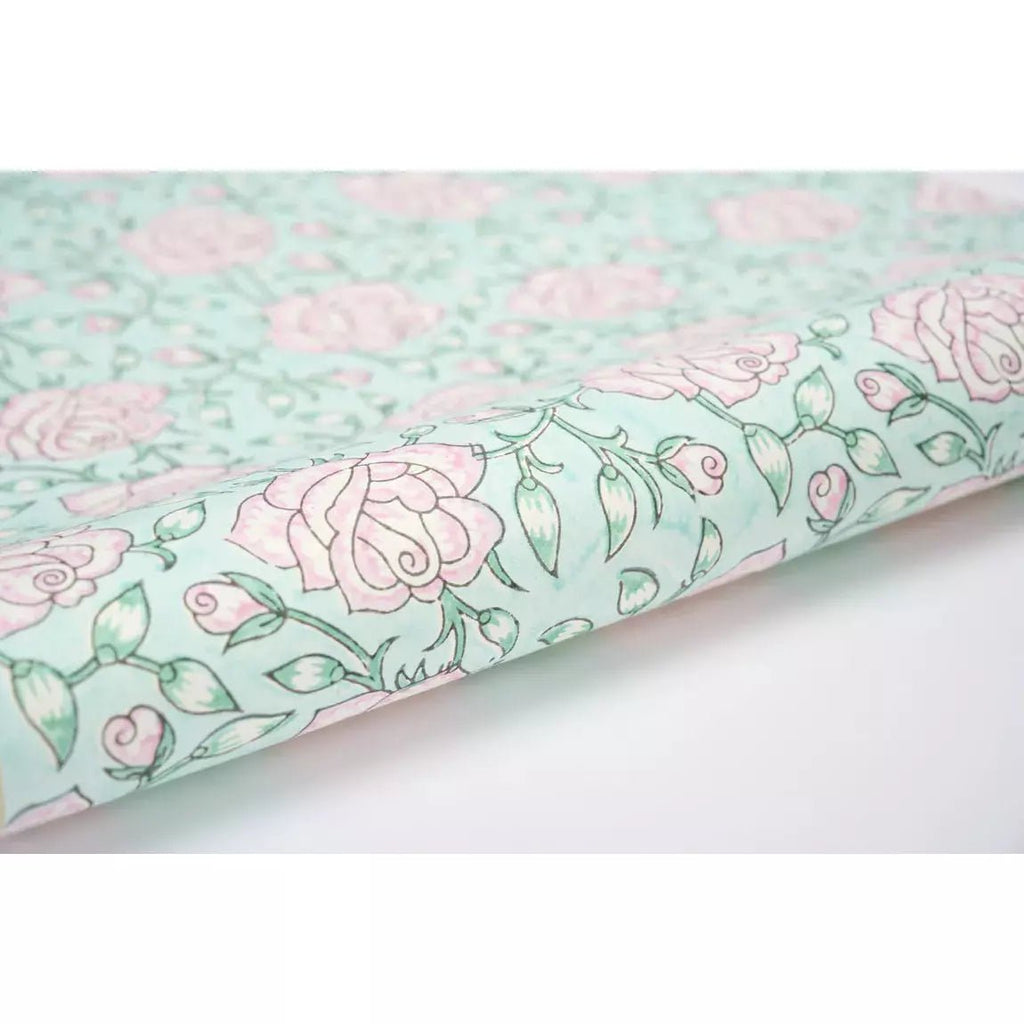 Recycled Gift Wrapping Paper - Hand Block Printed Jaipur Rose Blush - The Rosy Robin Company