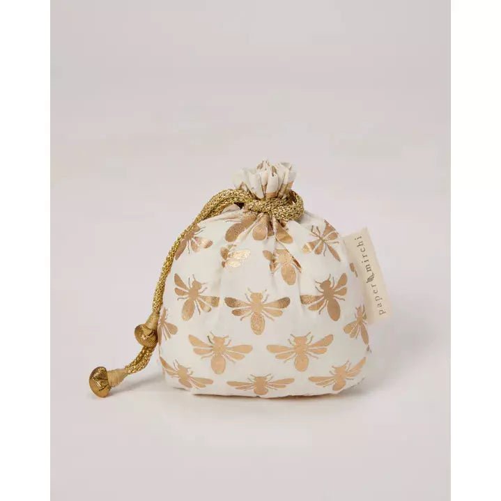 Reusable Fabric Gift Bag (3 Sizes) - Drawstring, Vanilla Bees - The Rosy Robin Company