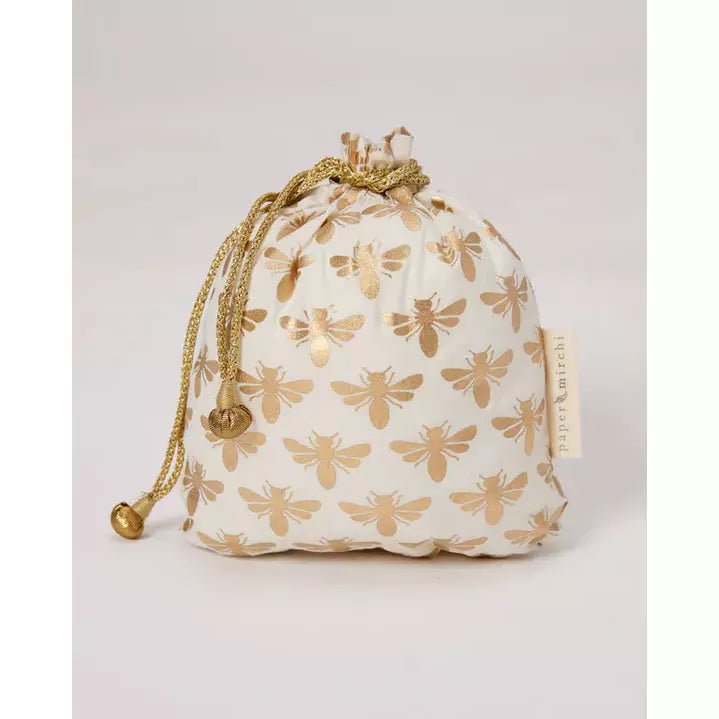 Reusable Fabric Gift Bag (3 Sizes) - Drawstring, Vanilla Bees - The Rosy Robin Company