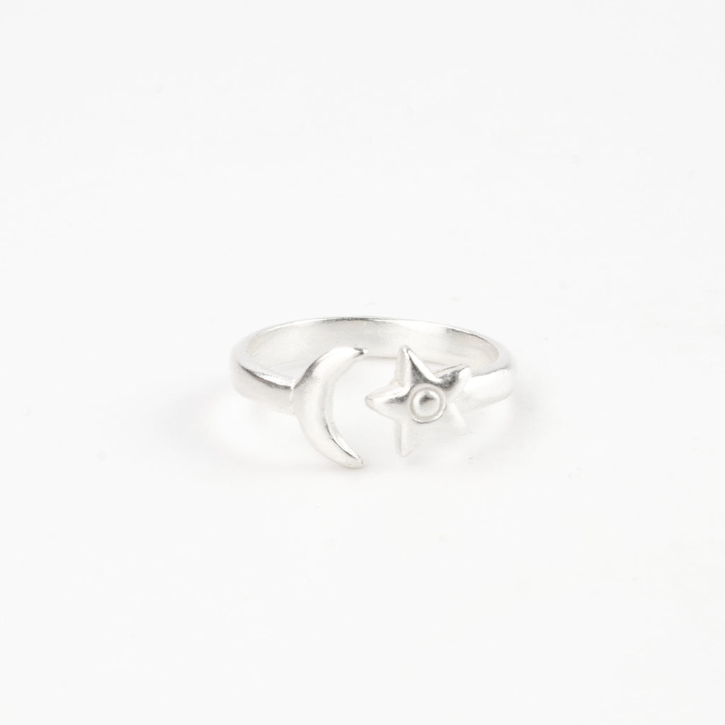 Ring - Adjustable Silver Moon and Star (Silver) - The Rosy Robin Company